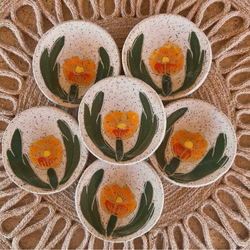 3’ Handcrafted Ceramic Spoon Rest with Orange Floral Design